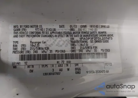 2013 Ford Focus Se z USA, uszkodzony, nr VIN 1FADP3F27DL237473